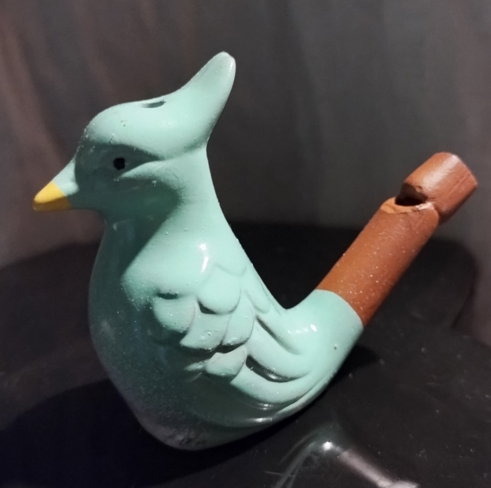Vintage Handcrafted Clay Bird Whistle Hand Painted Pale Blue